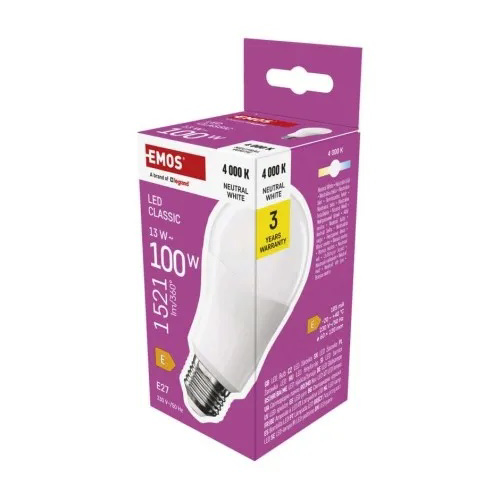 EMOS LED bulb A60 E27 13W/100W 1521lm/840  30Y NonDim ; opál
