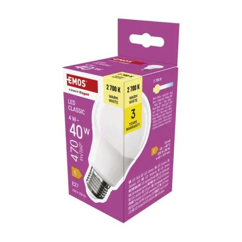 EMOS LED bulb A60 E27 4W/40W 470lm/827  30Y NonDim ; opál