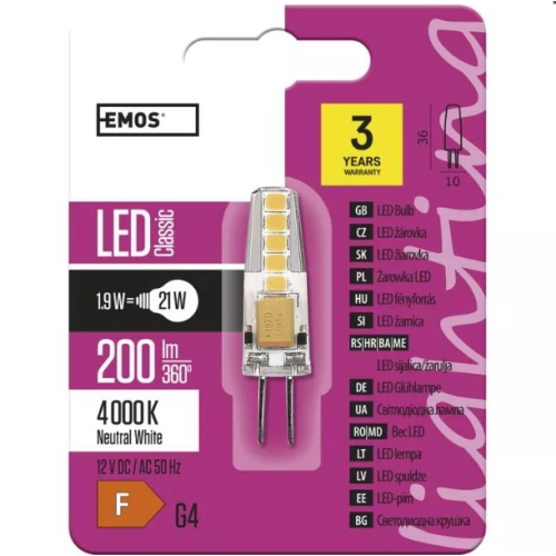 EMOS LED capsule 1.9W/21W G4 4000K 200lm NonDim 30Y