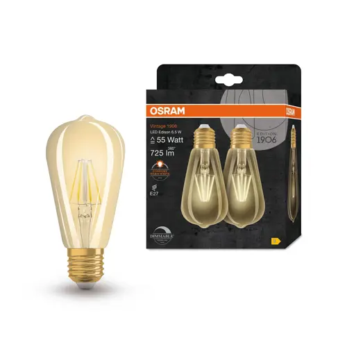 OSRAM LED filam.bulb 1906 ST64 E27 6.5W/55W 725lm/824 15Y Dim ;zaltá 2-pack