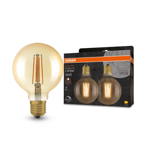 OSRAM LED filam.globe 1906 G95 E27 6.5W/55W 725lm/824 15Y Dim ;2-pack zlatá