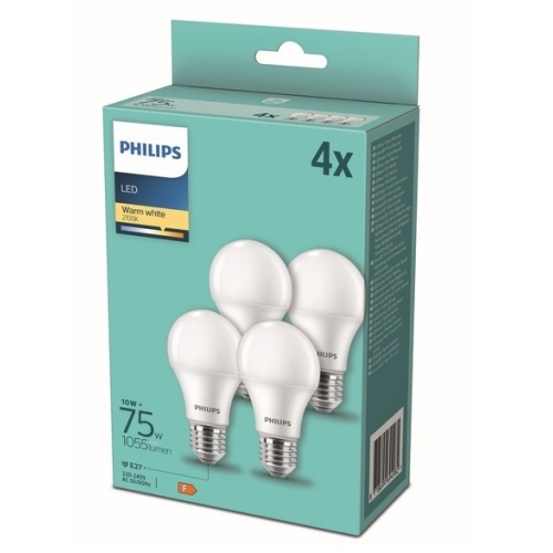 PHILIPS LED bulb A60 10W/75W E27 2700K 1055lm NonDim 15Y opal 4-pack