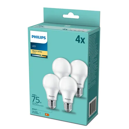 PHILIPS LED bulb A60 10W/75W E27 2700K 1055lm NonDim 15Y opal 4-pack