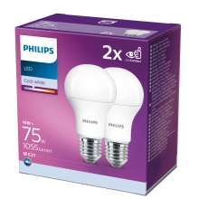 PHILIPS LED bulb. A60 10W/75W E27 4000K 1055lm NonDim 15Y matt 2-pack