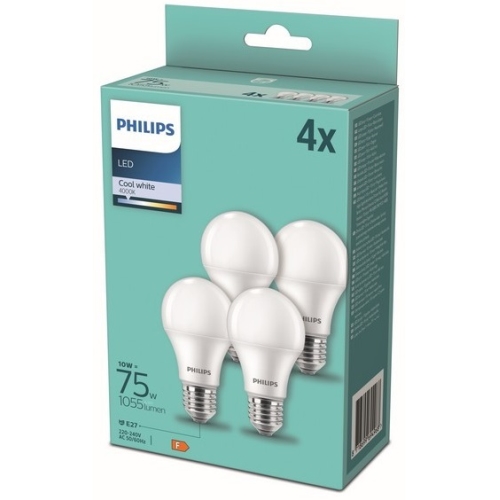 PHILIPS LED bulb A60 10W/75W E27 4000K 1055lm NonDim 15Y opal 4-pack