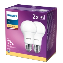PHILIPS LED bulb. A60 11W/75W E27 2700K 1055lm NonDim 15Y matt 2-pack