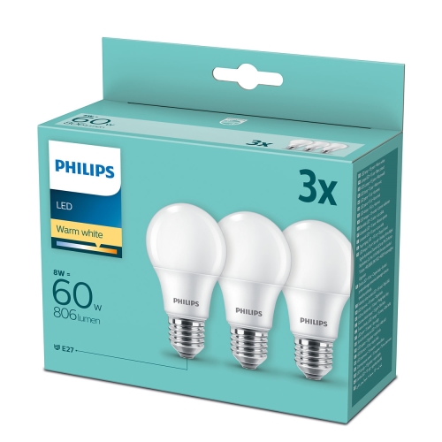 PHILIPS LED bulb A60 8W/60W E27 2700K 806lm NonDim 15Y matt 3BL