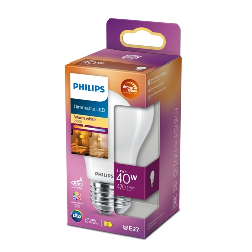 PHILIPS LED bulb A60 E27 3.4W/40W 470lm/822-27 15Y Dim;