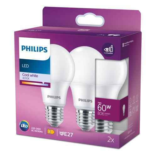 PHILIPS LED bulb A60 E27 7W/60W 806lm/840  15Y NonDim ; opál