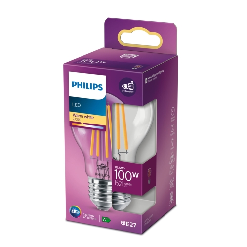 PHILIPS LED bulb Classic A60 10.5W/100W E27 2700K 1521lm NonDim 15Y clear BL