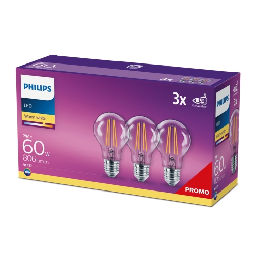 PHILIPS LED bulb.filam. A60 7W/60W E27 2700K 806lm NonDim 15Y 3-pack