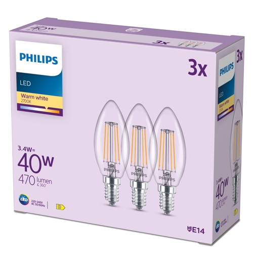 Philips LED.candle B35 E14 3.4W/40W 470lm/827 25Y NonDim;  čirá