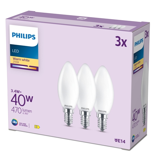 Philips LED.candle B35 E14 3.4W/40W 470lm/827 25Y NonDim;  opál