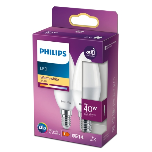 PHILIPS LED candle B35 E14 5W/40W 470lm/827  15Y NonDim ; opál