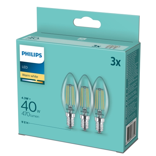 PHILIPS LED candle.filam B35 4.3W/40W E14 2700K 470lm NonDim 15Y 3BL