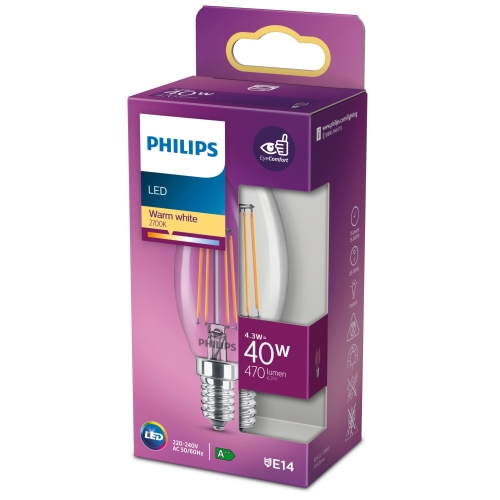 PHILIPS LED candle.filam. B35 4.3W/40W E14 2700K 470lm NonDim 15Y clear BL