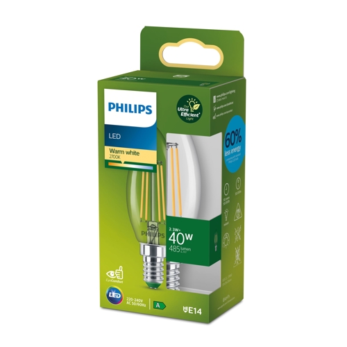 PHILIPS LED filam.candle B35 2.3W/40W E14 2700K 485lm NonDim 15Y čirá