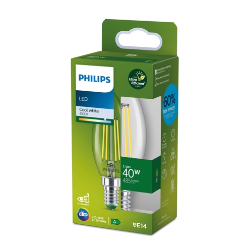 PHILIPS LED filam.candle B35 2.3W/40W E14 4000K 485lm NonDim 15Y čirá