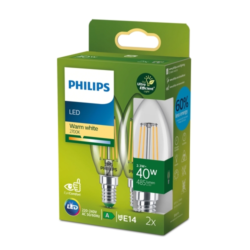 PHILIPS LED filam.candle B35 E14 2.3W/40W 485lm/827  15Y NonDim ; čirá