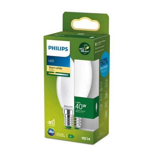PHILIPS LED filam.candle B35 E14 2.3W/40W 485lm/827  15Y NonDim ; opál