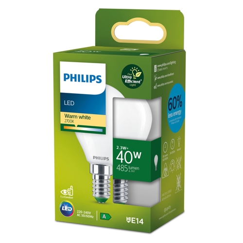 PHILIPS LED filam.lustre UE P45 E14 2.3W/40W 485lm/827  50Y NonDim ; opál