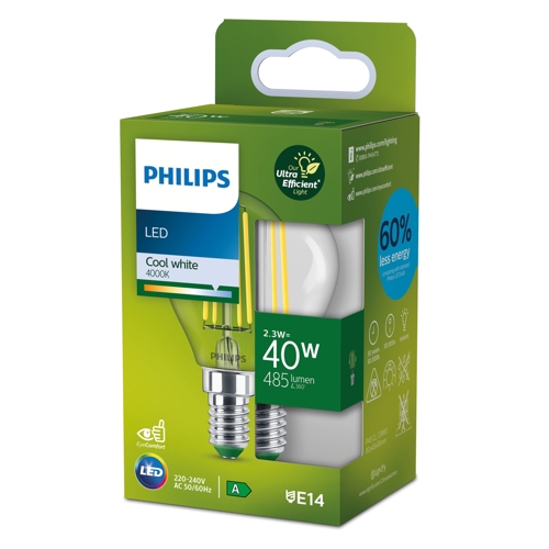 PHILIPS LED filam.lustre UE P45 E14 2.3W/40W 485lm/840  50Y NonDim ;