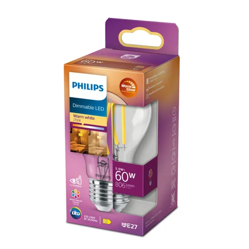 PHILIPS LED filament bulb A60 5.9W/60W E27 2200-2700K 806lm Dim 15Y