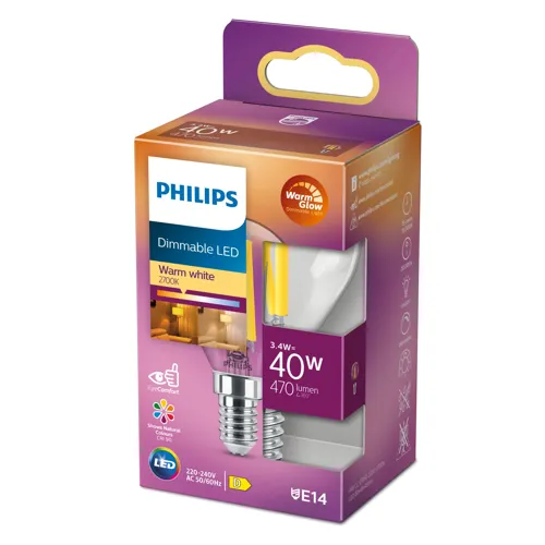 PHILIPS LED filament lamp P45 3.4W/40W E14 2200-2700K 470lm Dim 15Y clear