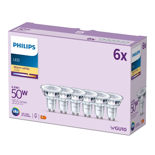 PHILIPS LED reflector PAR16 GU10 4.6W/50W 355lm/827 36° 15Y NonDim ; 6-pack
