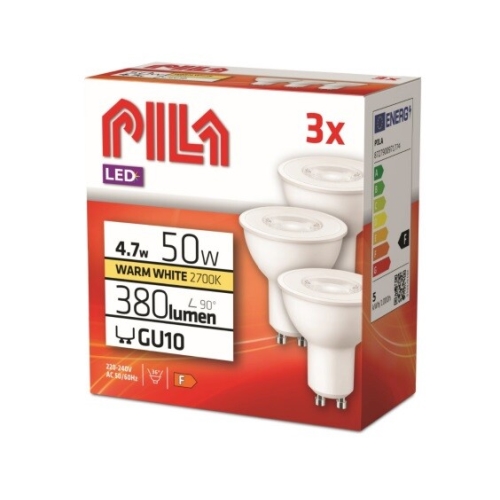 PILA LED reflector 4.7W/50W GU10 2700K 380lm/36° NonDim 15Y 3-pack