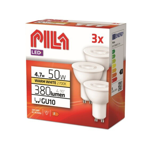 PILA LED reflector PAR16 GU10 4.7W/50W 380lm/827 36° 15Y NonDim ; 3-pack