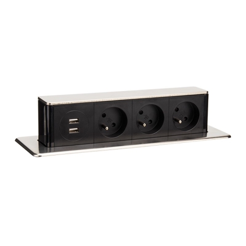 SOLIGHT zásuvka.vestavná do prac.desky výsuvný blok 3 zásuvky+2xUSB 1.9m černá