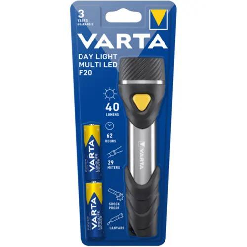 VARTA hand lamp metal. F20 2xAA 40lm/29m ; +2xAA aluminum
